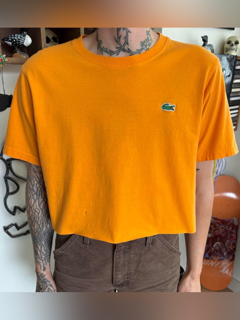 Vintage Y2K Lacoste Cropped Boxy Orange Crocodile Tee Minimalist ~ Size L